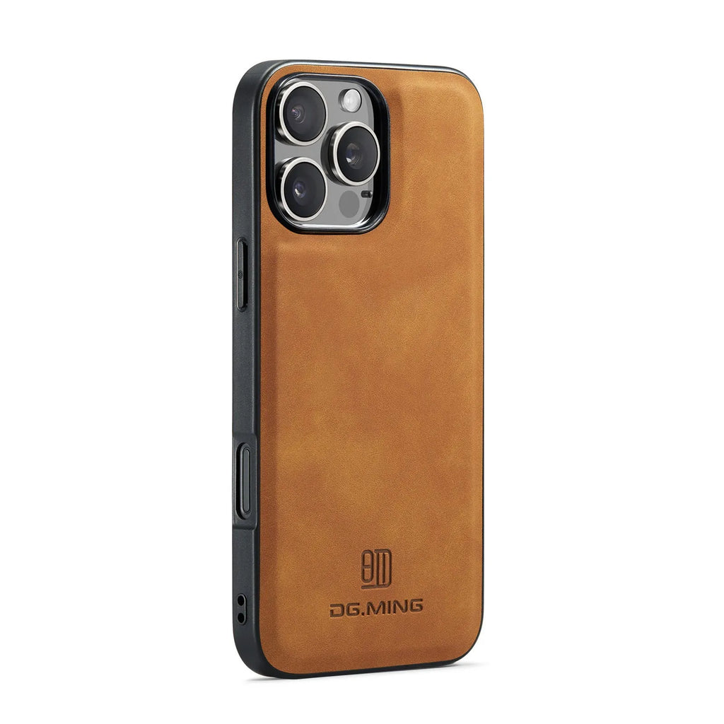 Magnetic card case for iPhone XR and iPhone 16 series in retro PU leather with card holder and glass back, available in five colours.