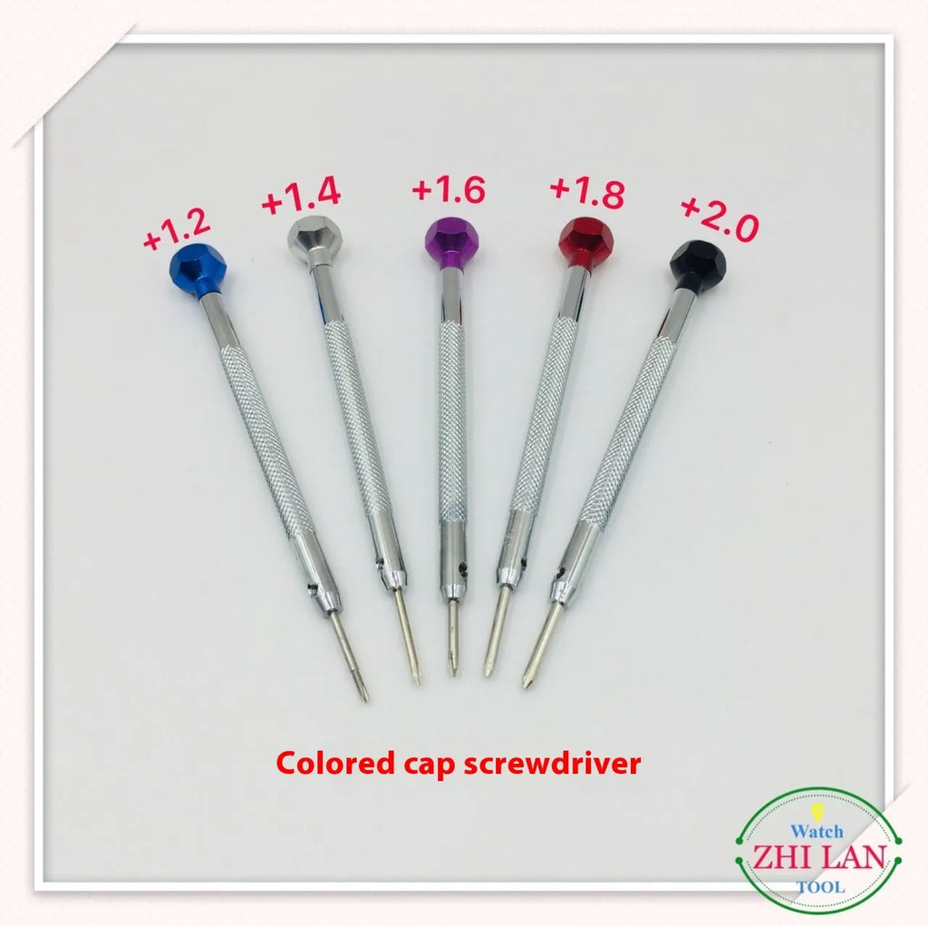 Six colour-coded aluminium-handle screwdrivers for watch repair arranged in set