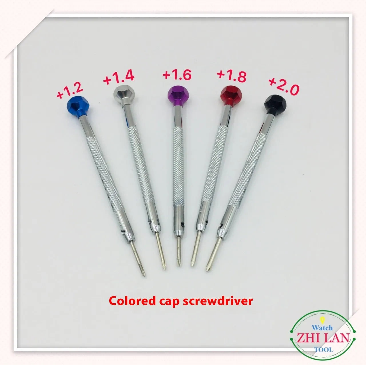 Six colour-coded aluminium-handle screwdrivers for watch repair arranged in set