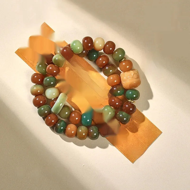 Bodhi seed double ring bracelet with Dunhuang cultural patterns in national style design