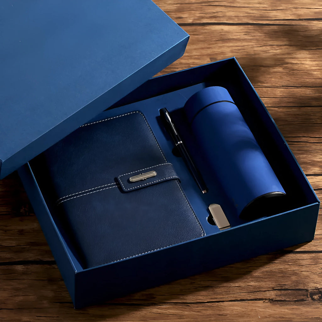 A5 notebook with a customisable PU leather cover shown in multiple colour options including black, red, green, and blue.