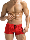 Men's black polyester swimming trunks with lace-up front and high-waist design