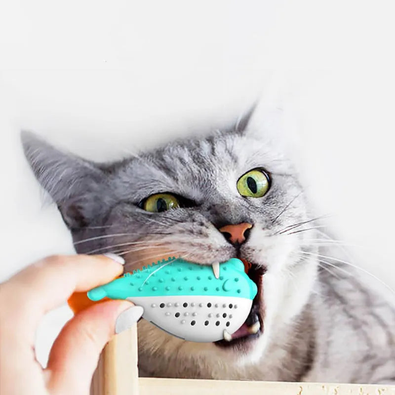 Mint Toys blue silicone fish-shaped cat chew toy with grabbing design for interactive play