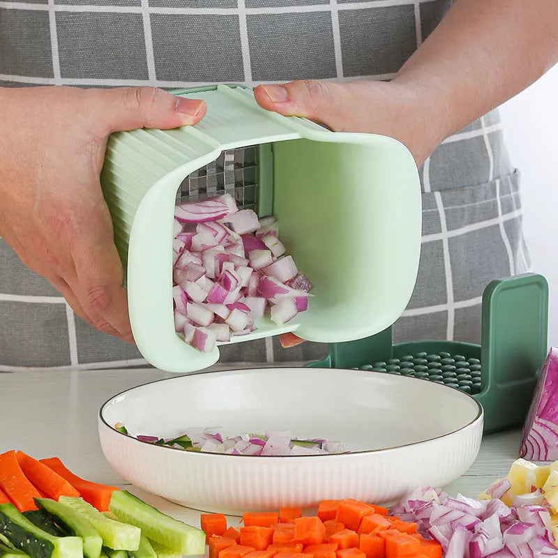 Green multifunctional vegetable chopper with French fries cutter and hand pressure operation