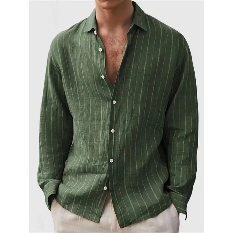 Men's striped cardigan shirt with loose fit and short sleeves in polyester fabric