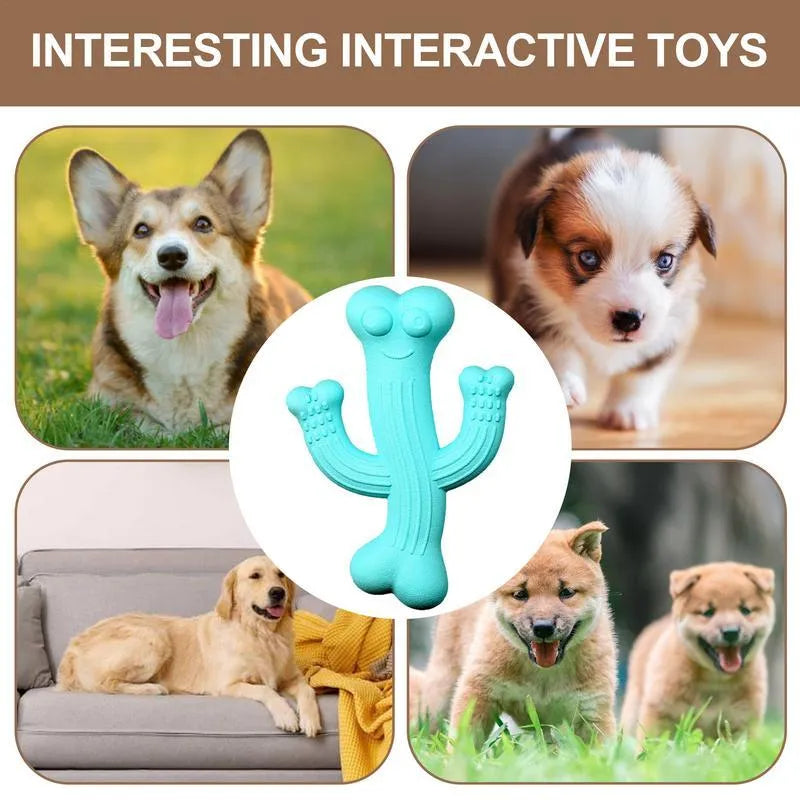 Beige, blue, and purple cactus-shaped dog chew toy made from bamboo fibre and rubber on a white background.