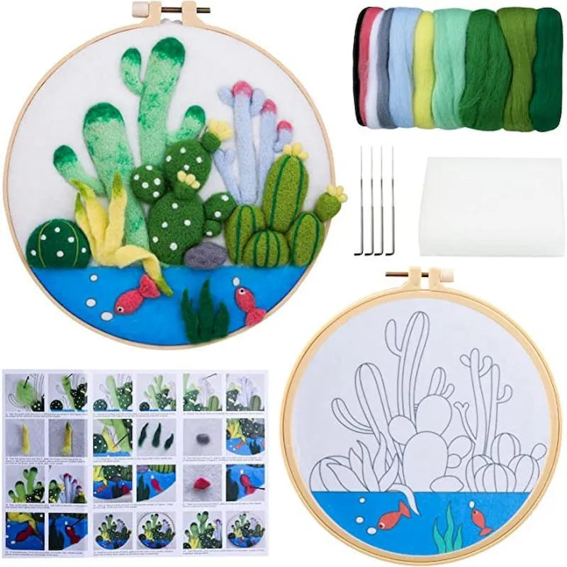 Round linen embroidery kit with wool felt pieces and embroidery frame for 20x20cm blanket painting