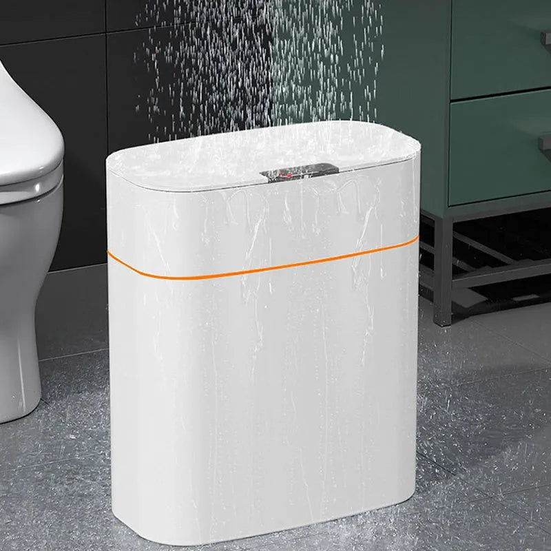 White smart dustbin with automatic sensor lid open, showing 16L capacity.