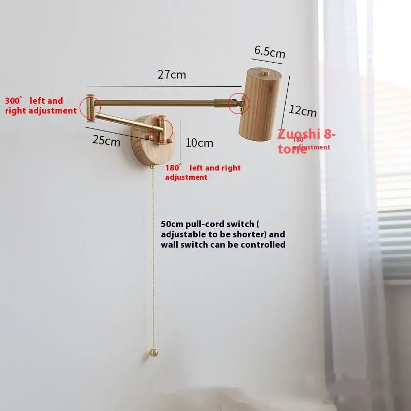 Retro wooden finish wall lamp with long rotating arm and integrated switch.