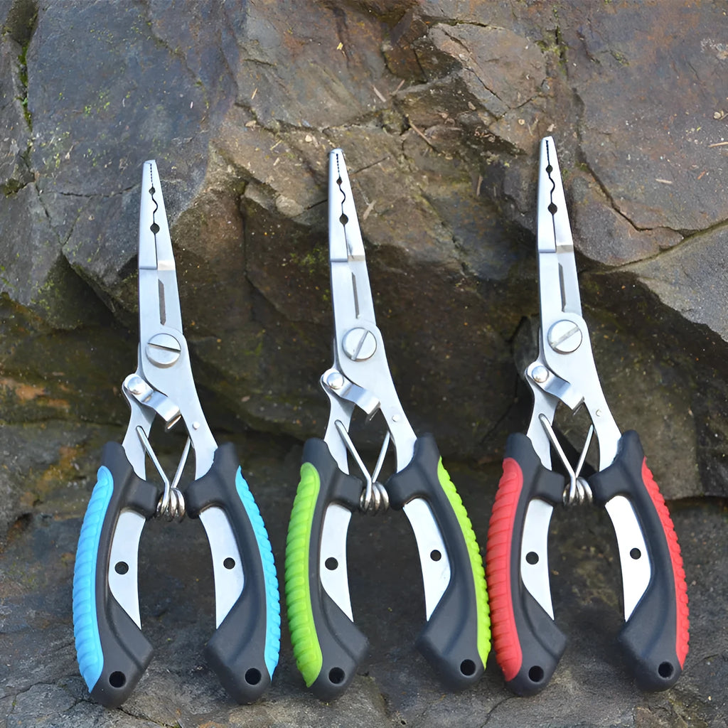 Medium-sized steel fishing pliers with coloured plastic handles and a nylon storage bag with strap.