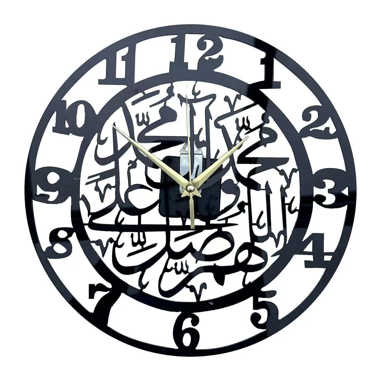 Acrylic black and gold wall clock 30cm Mediterranean style with white hands on dark face