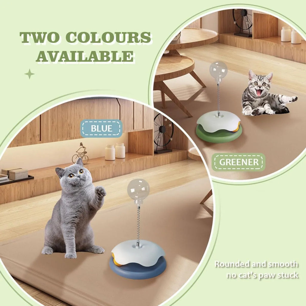 Blue and green cat treat dispenser toy with track ball, a slow feeder puzzle for indoor cats.