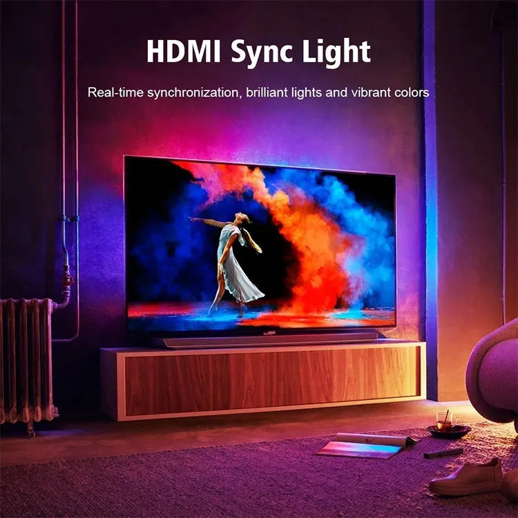 TV ambience light strip with colourful LEDs mounted behind a television screen.