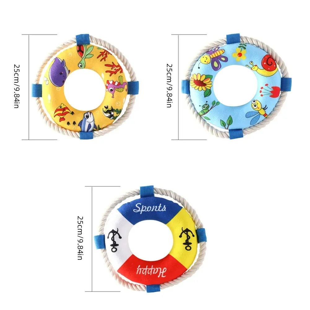 Yellow fish design dog pull ring toy with squeaker for fetch games, 25cm diameter