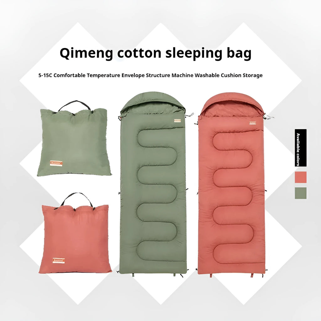 Portable ochre and olive green cotton sleeping bag quilt laid out flat, showing its quilted design for camping.