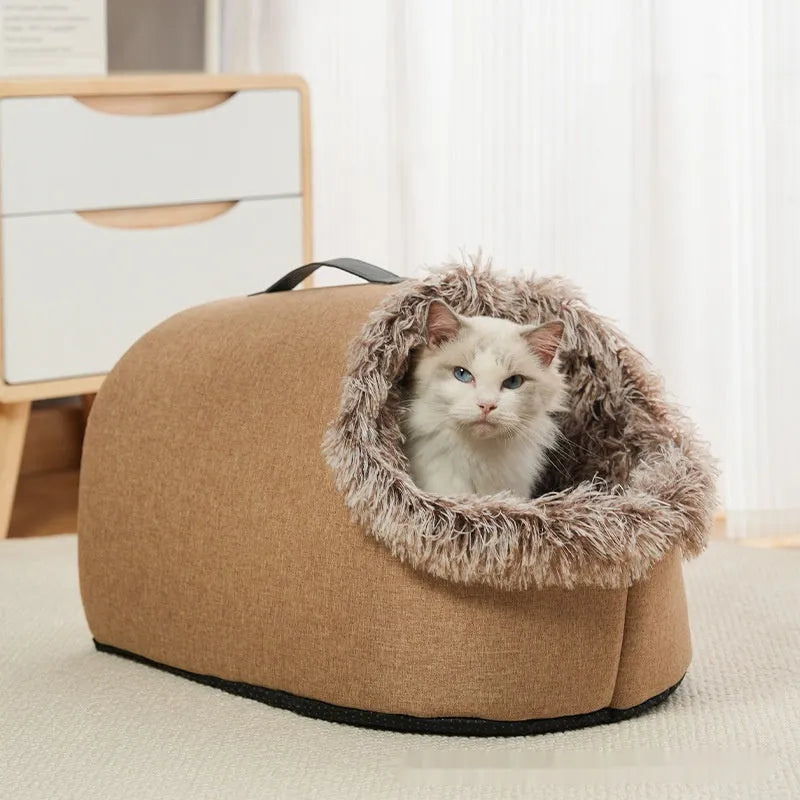 Thickened plush winter cat bed closed nest with handle in brown linen material on floor