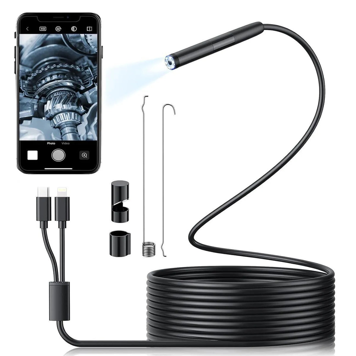 1080p HD endoscope with 8mm probe and flexible or hard wire cable for Android and iPhone car repair inspection.