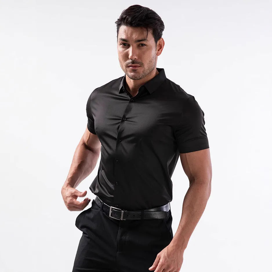 Men's short sleeve shirt in elastic fabric with cardigan style and multiple colour options