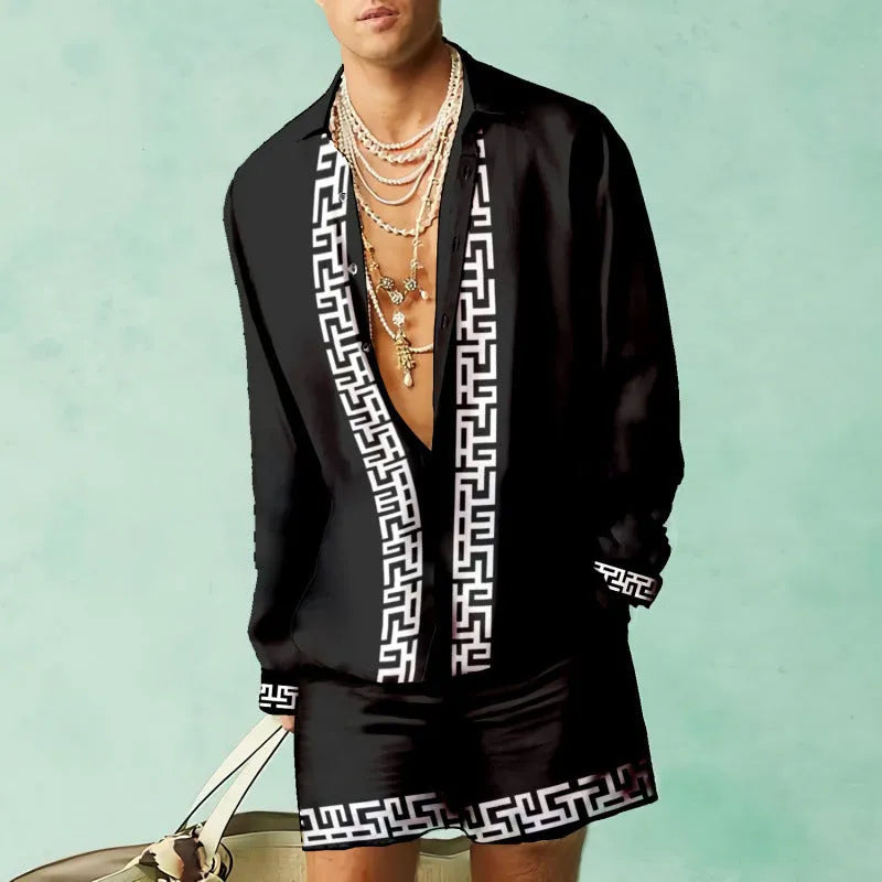 Casual slim-fit polyester shirt and matching shorts set on a model, showing the coordinated summer outfit.