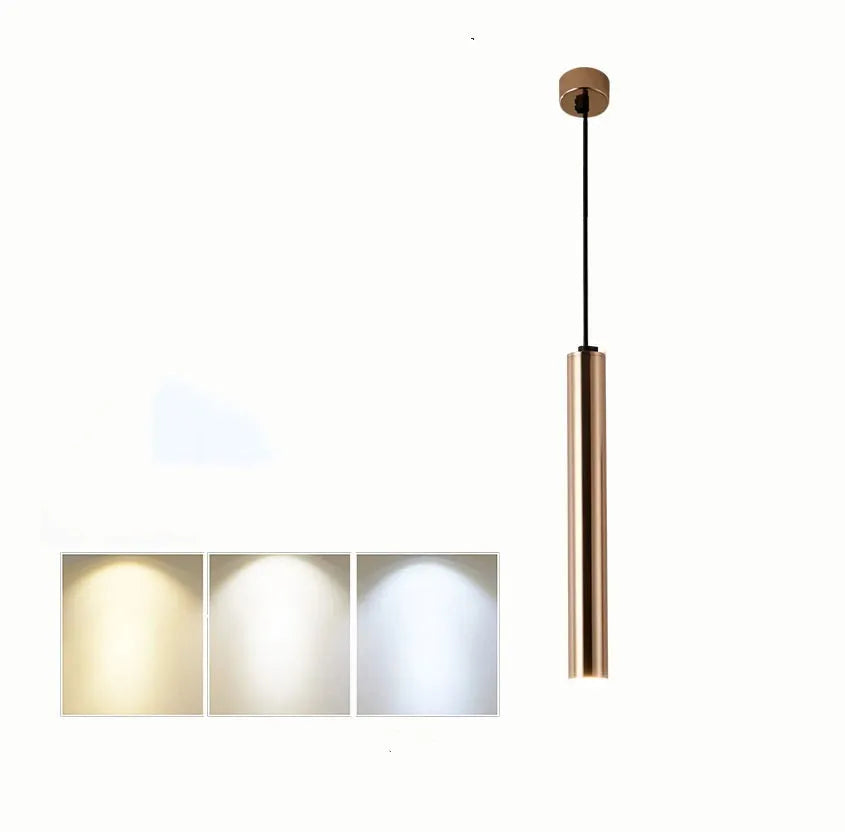 French gold long cylindrical iron chandelier with PMMA lampshade on simple modern background