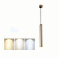 French gold long cylindrical iron chandelier with PMMA lampshade on simple modern background