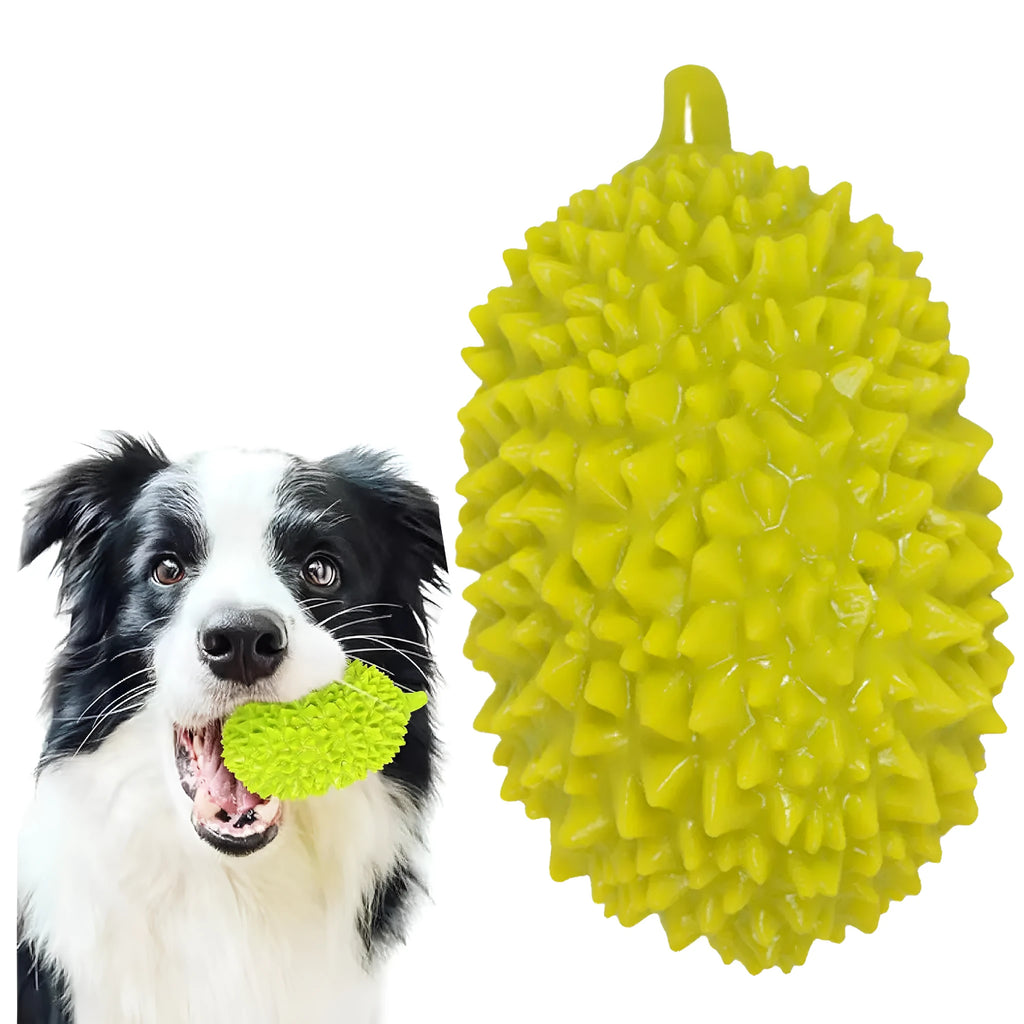 Colourful durian-shaped dog chew toy with textured surface and a squeaky ball