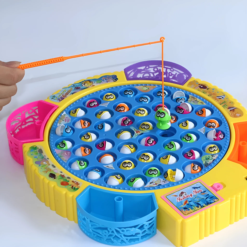 Children's electric rotating fishing machine toy with plastic fish, available in 15, 24 or 45 fish options for ages 4-6.