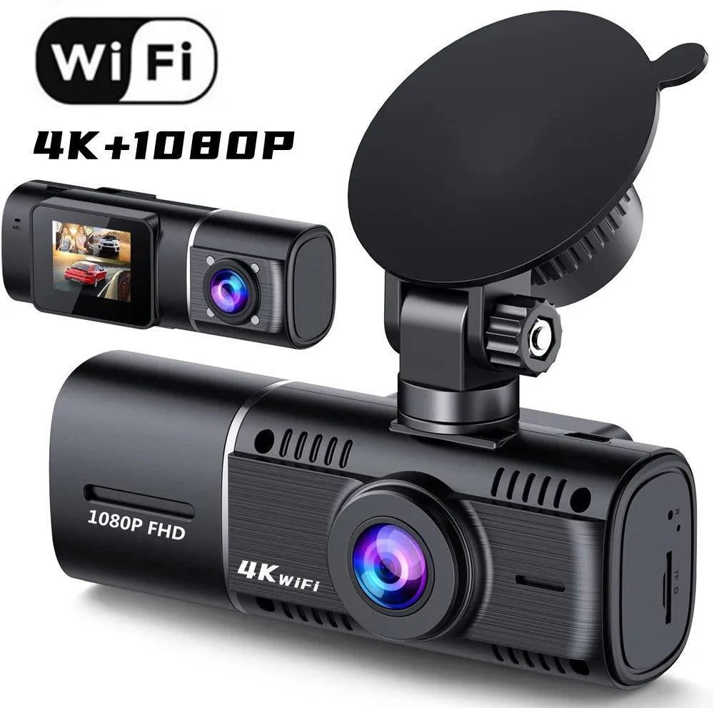 Black dual-channel car dash camera with 1.5-inch screen mounted behind rear-view mirror