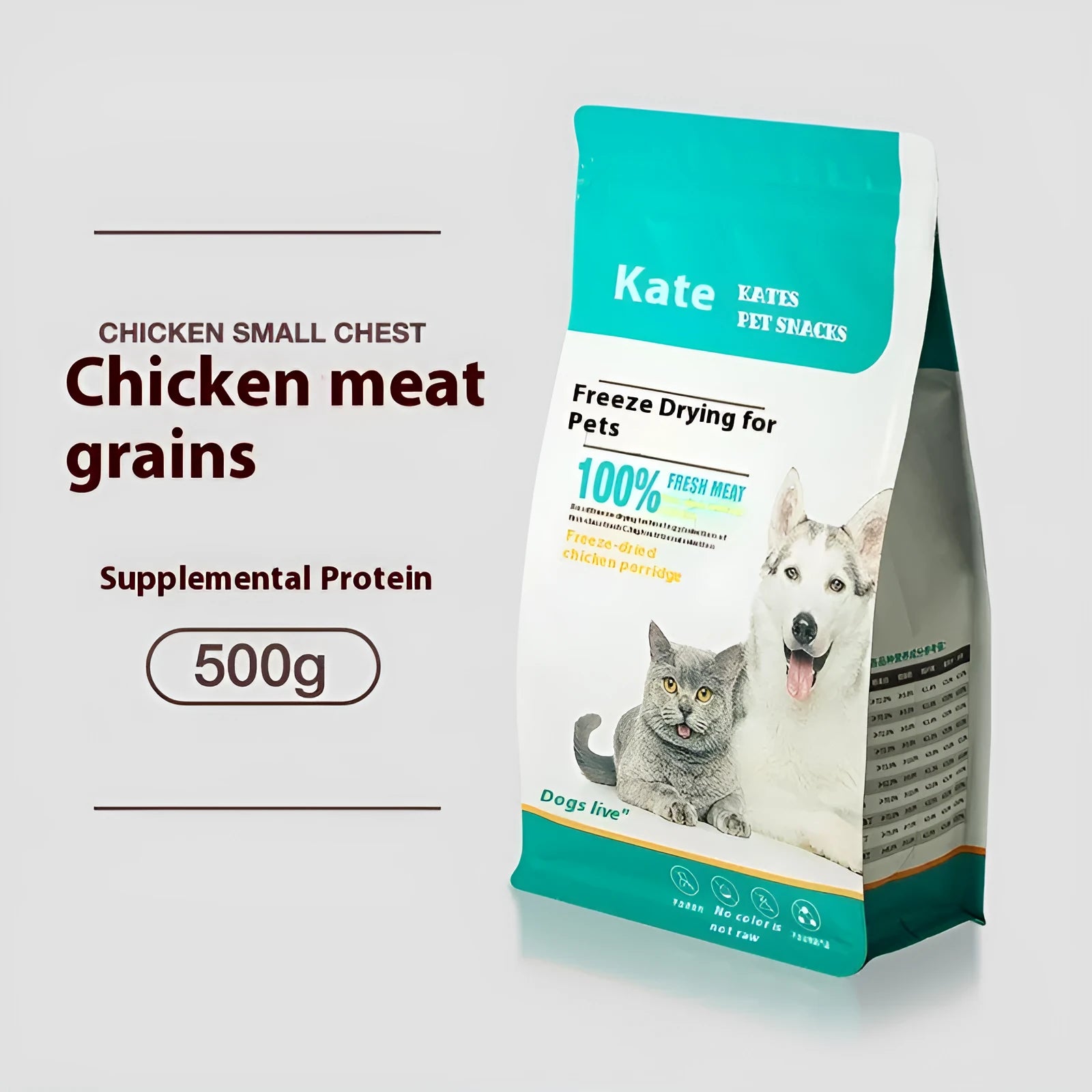 Freeze-dried chicken cat snacks in 500g pack showing nuggets in bagged or barrel packaging options