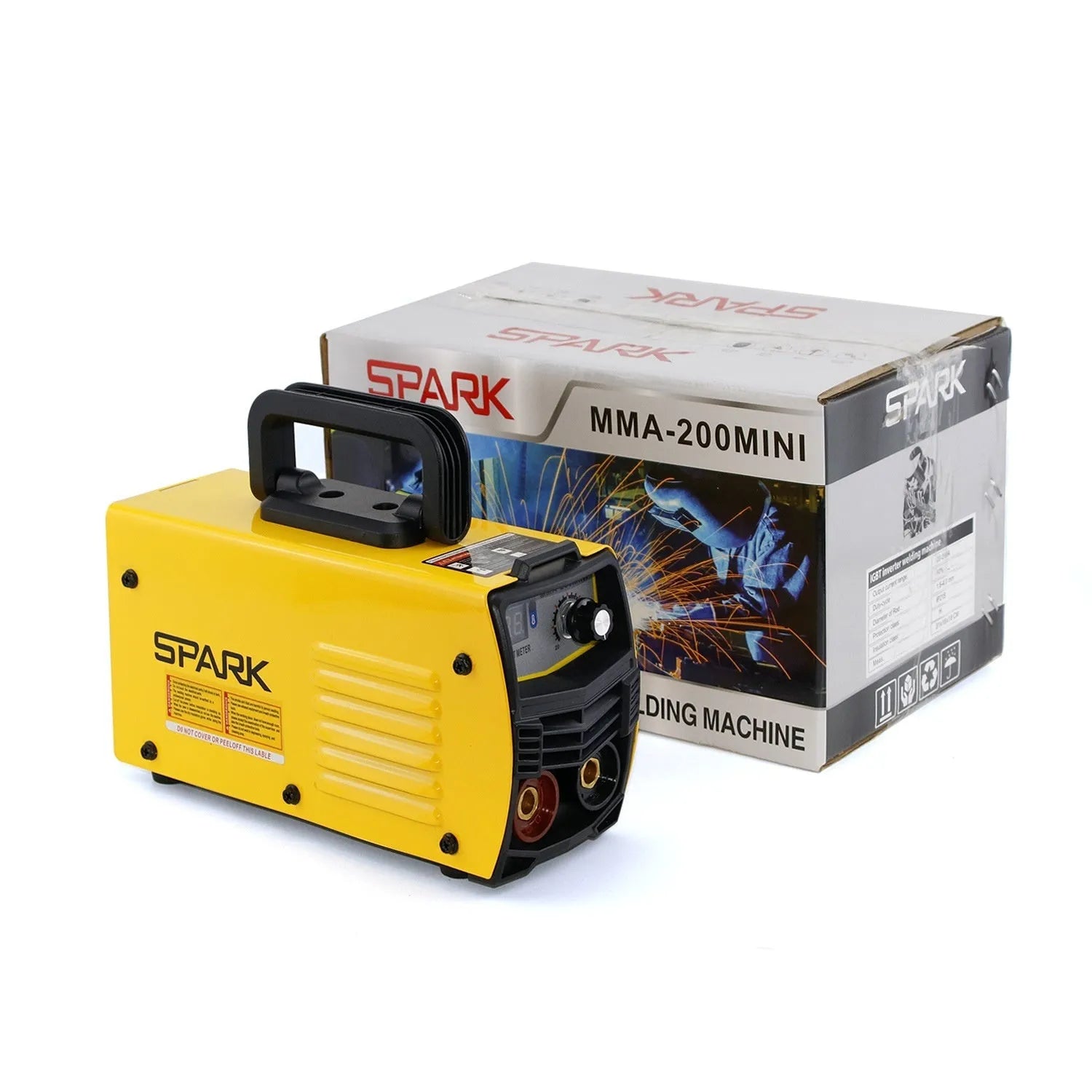 MMA-200MIN compact blue 220V DC inverter welding machine with welding tongs and face shield on a workbench.