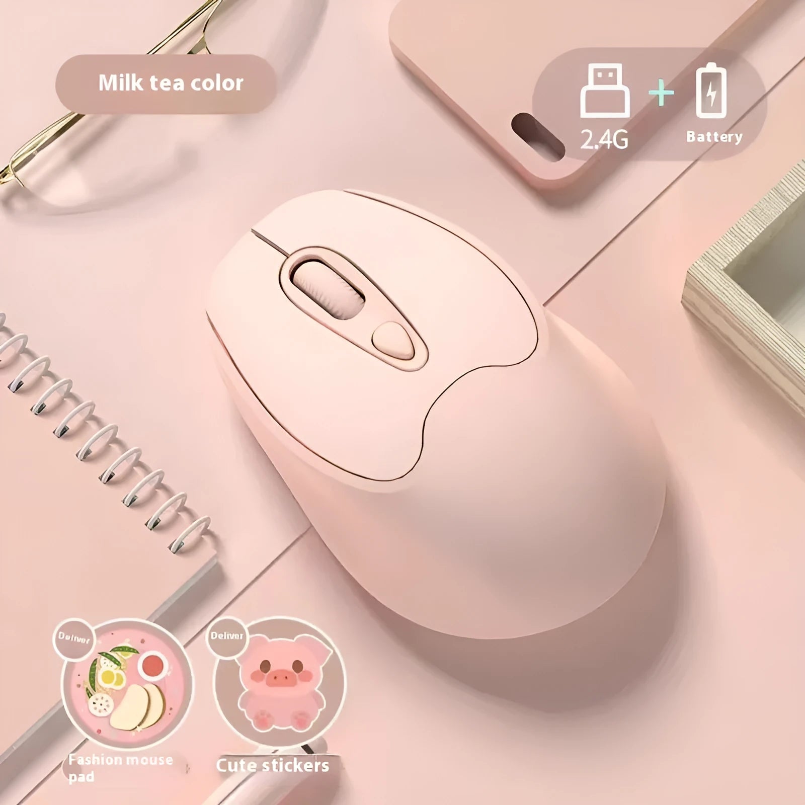 Dual-mode Bluetooth wireless mouse in grey, green, girl pink or milk tea pink colours with USB charging cable