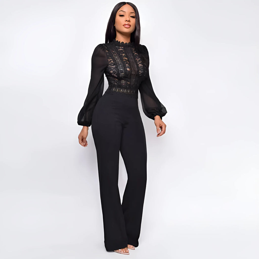 Women's high-waisted straight-leg jumpsuit with high neck, lace detail, and long puff sleeves in black, white, and red