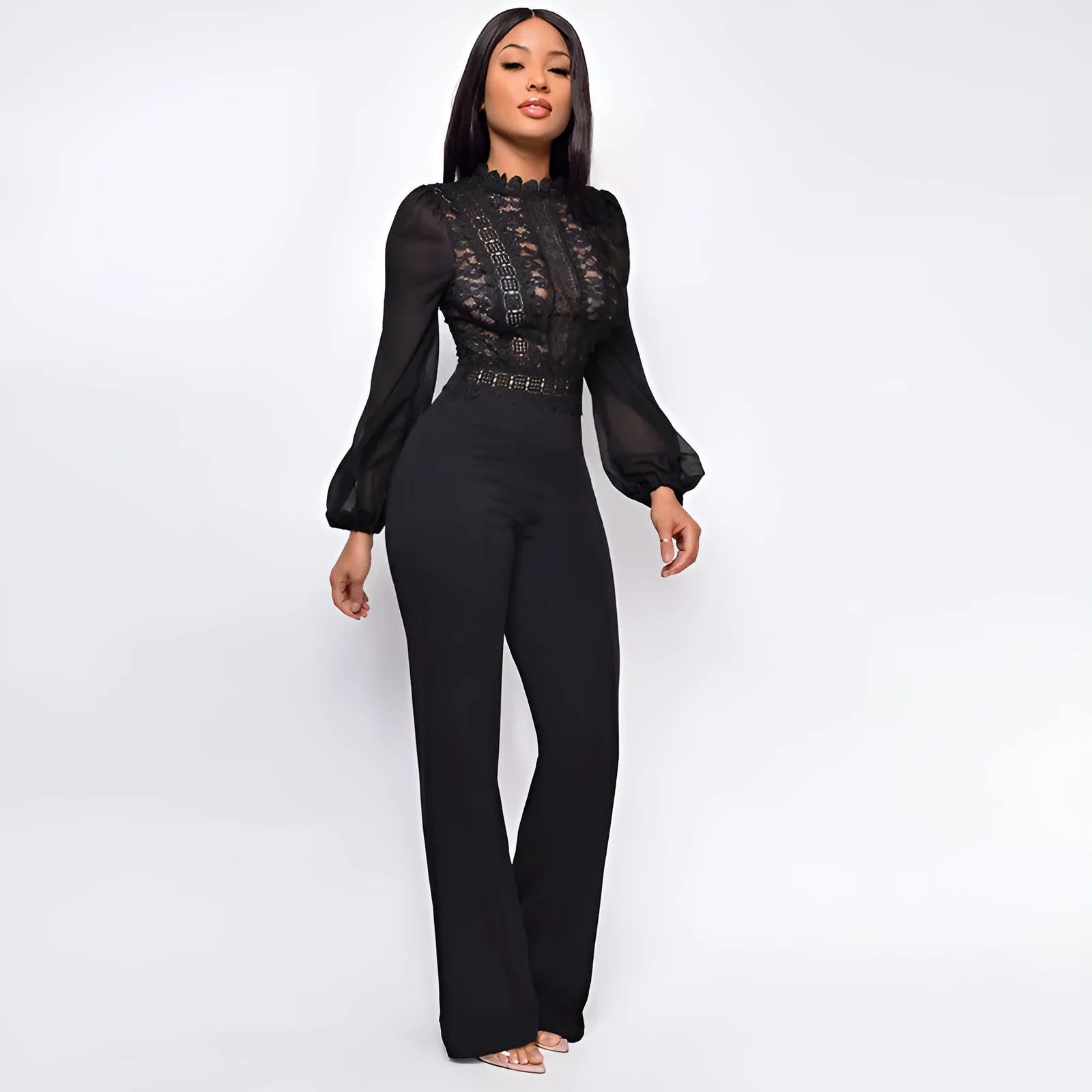 Women's high-waisted straight-leg jumpsuit with high neck, lace detail, and long puff sleeves in black, white, and red