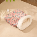 Enclosed cat sleeping bag nest in pp cotton flannel, showing blue rabbit, pink Trojan, and striped drawing colour options.