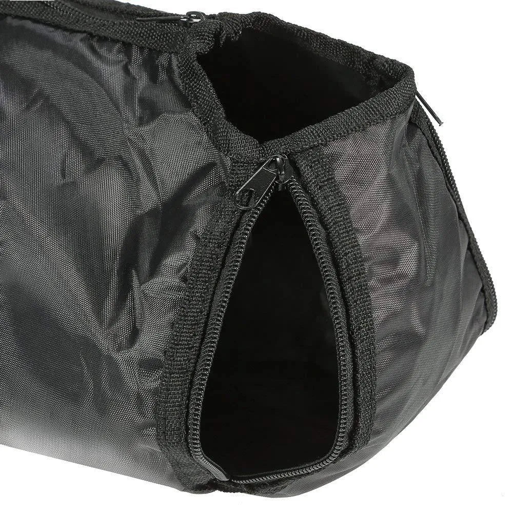 Black cat bath bag folded to show compact 10x10x3cm storage size