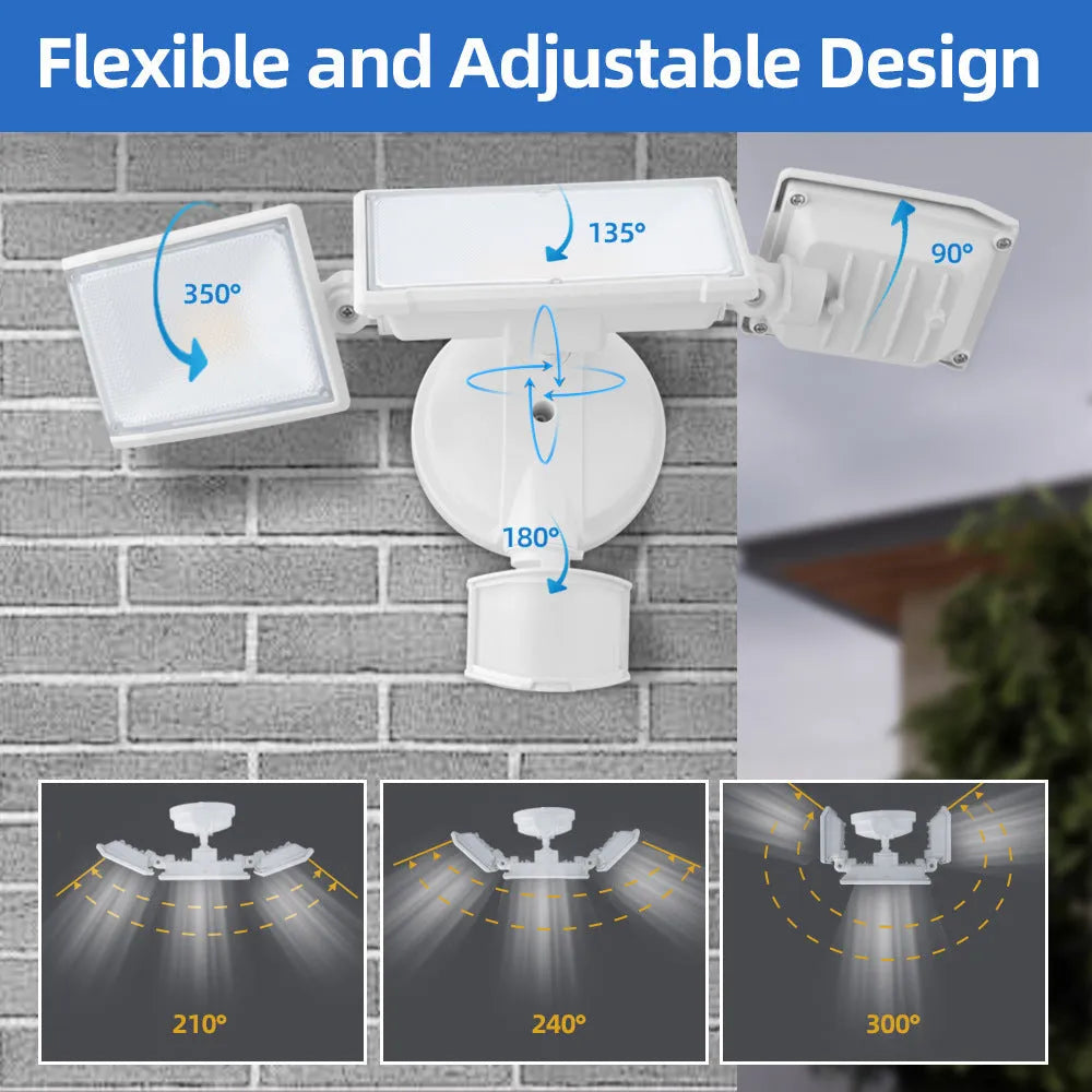 White 120V LED outdoor security flood light with motion sensor mounted on a wall.