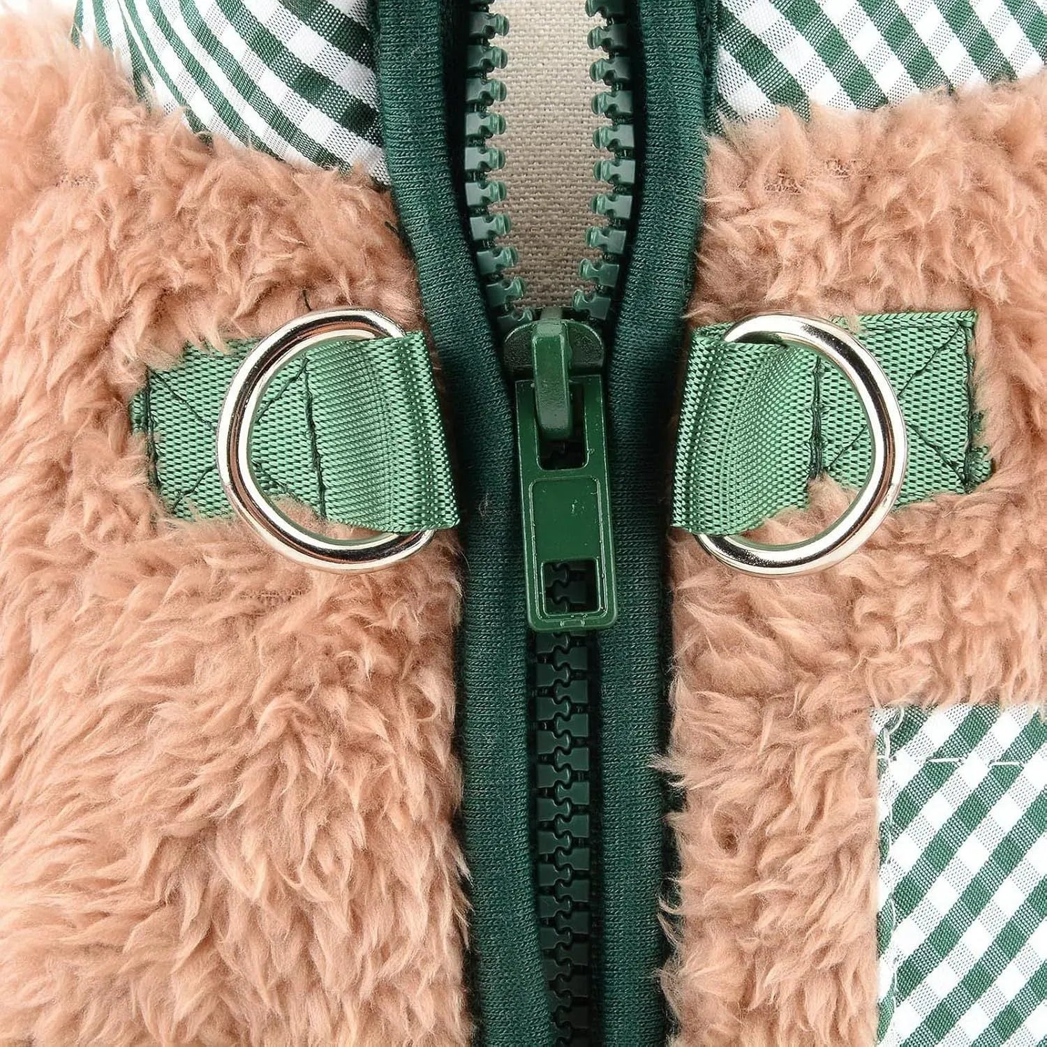 Small dog wearing green fleece coat with back zipper, four-leg winter pajamas for Chihuahua size
