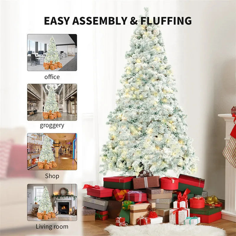 Green and white snow-dusted artificial PVC Christmas tree with metal stand, 180cm and 230cm size options.