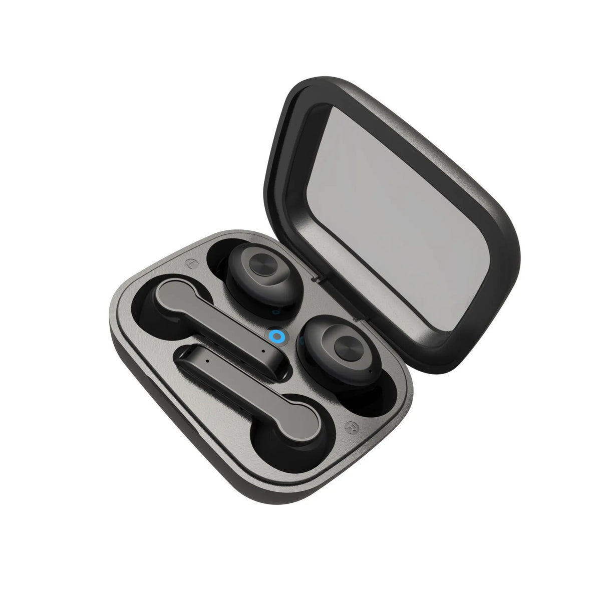 XG15 Bluetooth wireless dual headset in black with charging case and three ear cap sizes