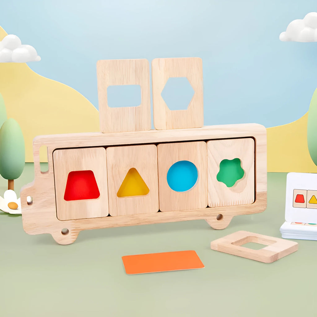 Wooden early education geometry puzzle with colour shape matching, trolley design, on a white background