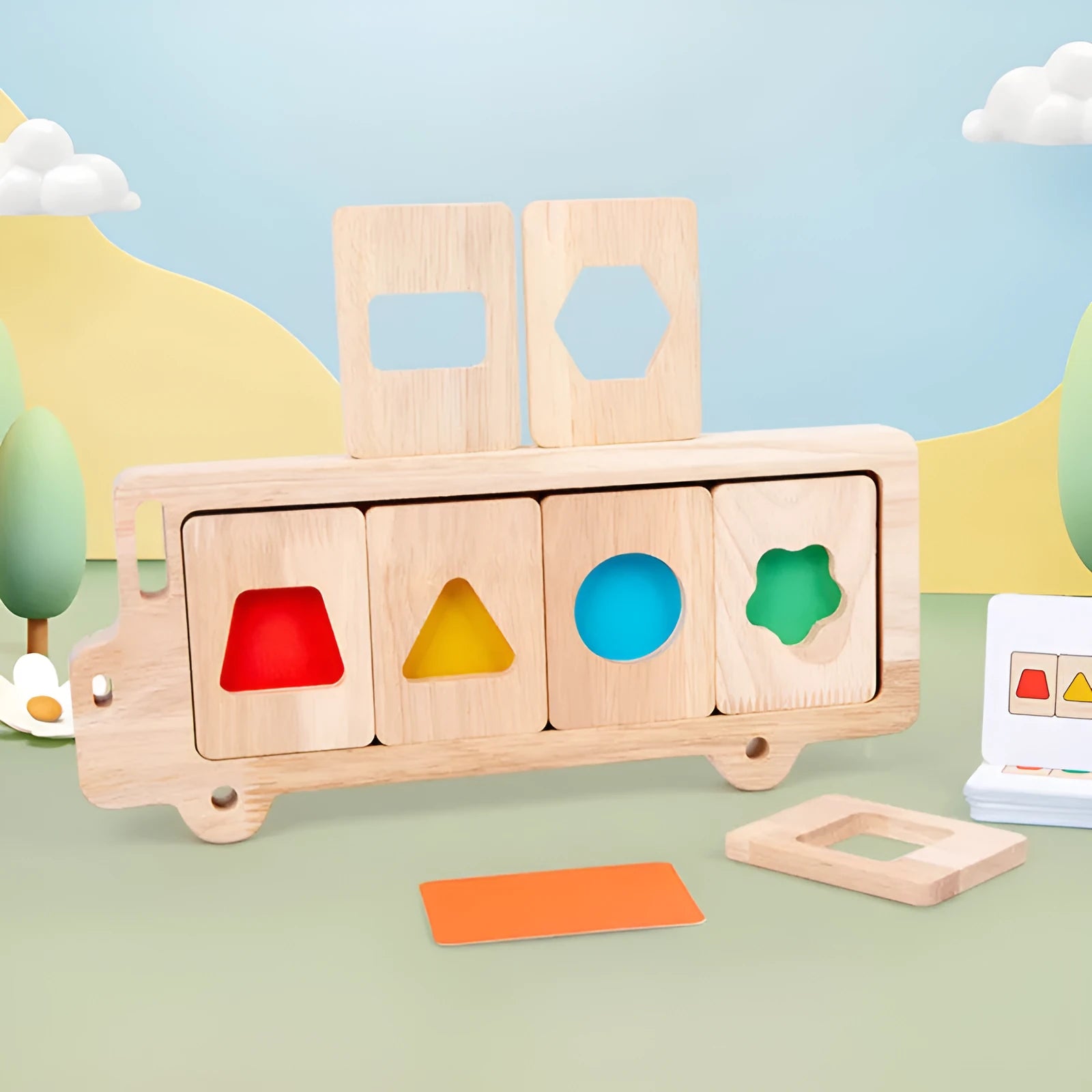 Wooden early education geometry puzzle with colour shape matching, trolley design, on a white background