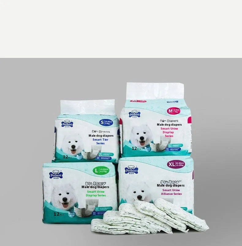 Petbest reusable white cloth male dog diaper on display showing size options S M L XL