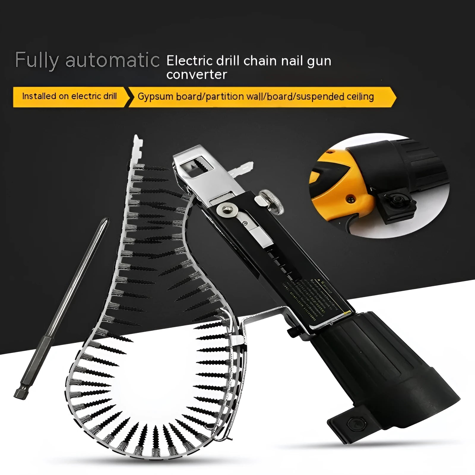 Chain screw gun head set with metal construction and stainless steel components