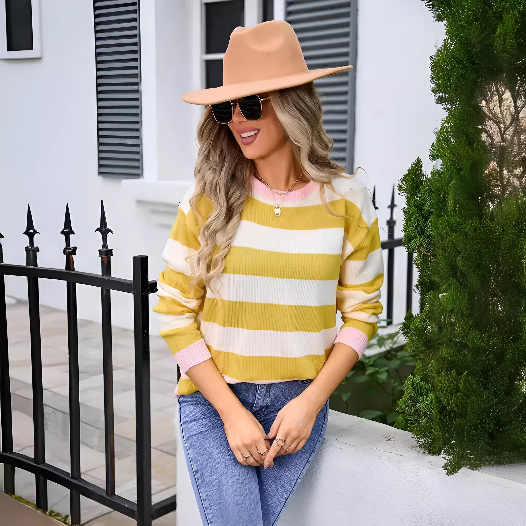 Women's blue striped acrylic loose fit long sleeve sweater with round neck