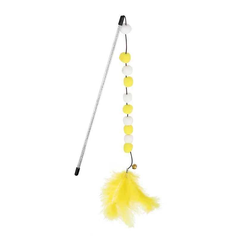 31cm cat teaser rod toy with bell and coloured feather attachments