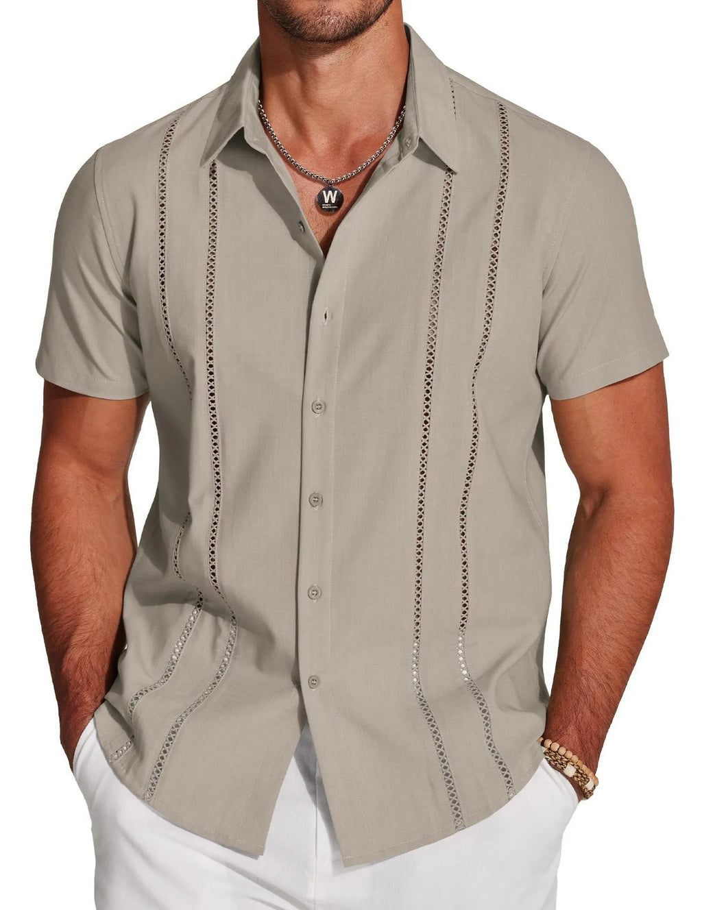 Men's slim fit Hawaiian short sleeve shirt with digital printed pattern on elastic polyester fabric