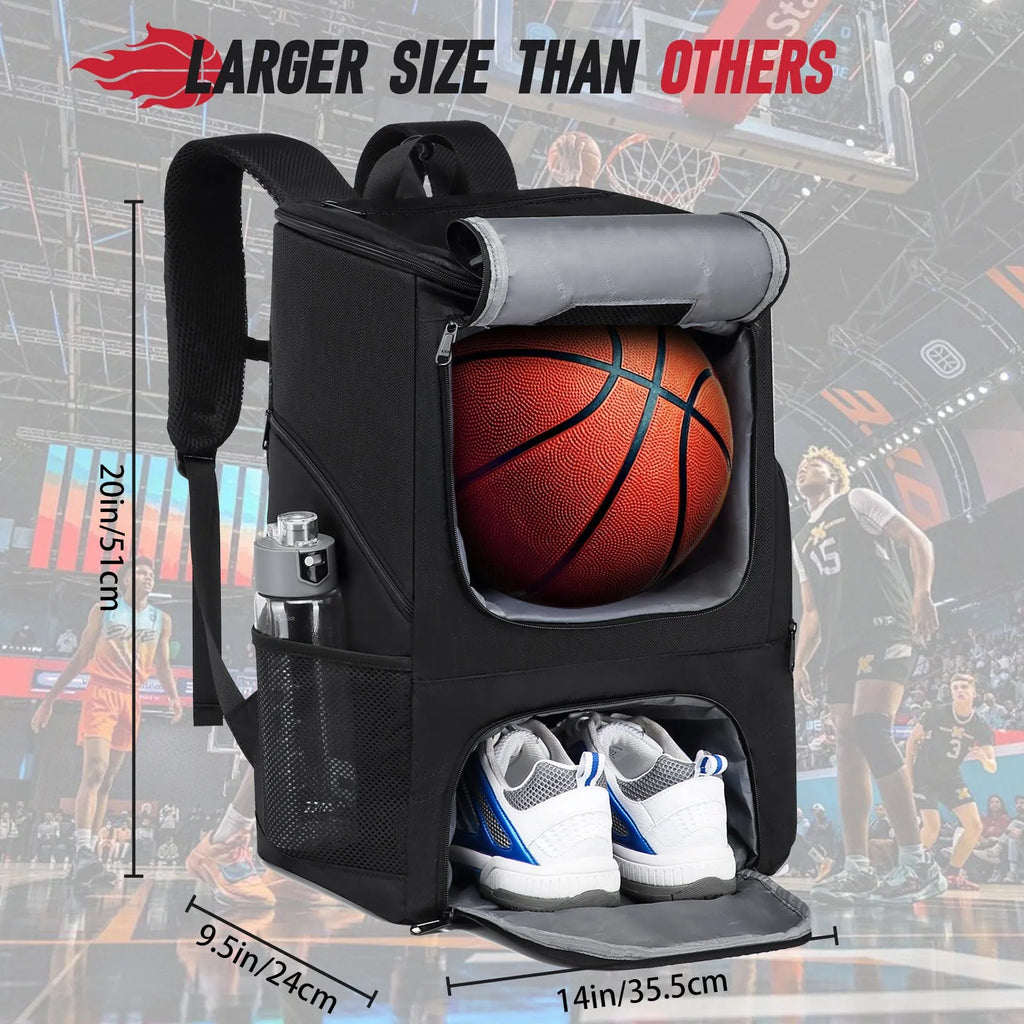 Black Oxford cloth basketball training backpack with large main compartment for sports equipment