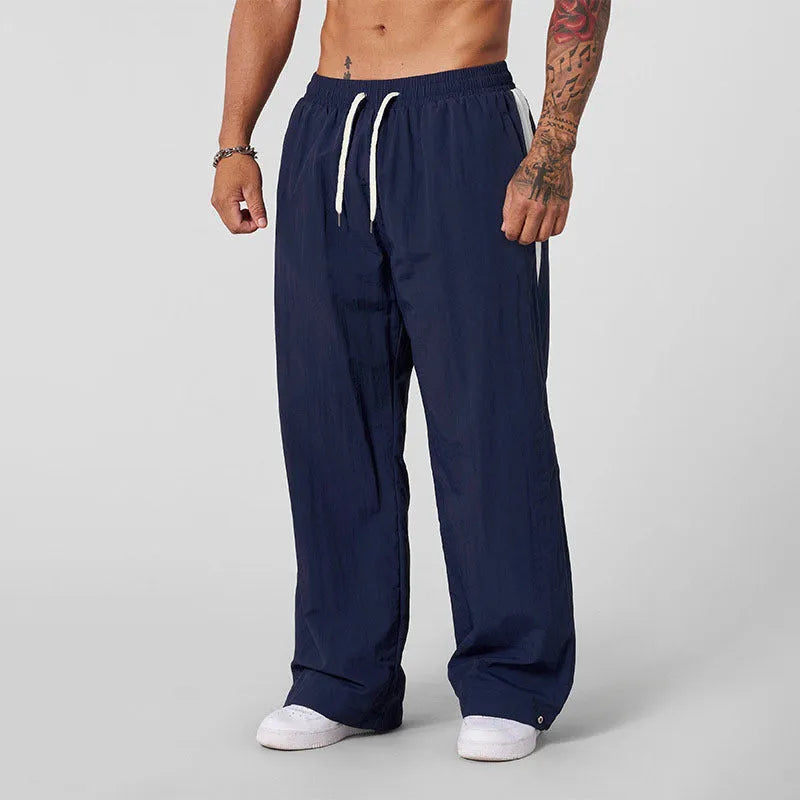 Men's loose fit cotton casual trousers in black, mid waist, relaxed leg