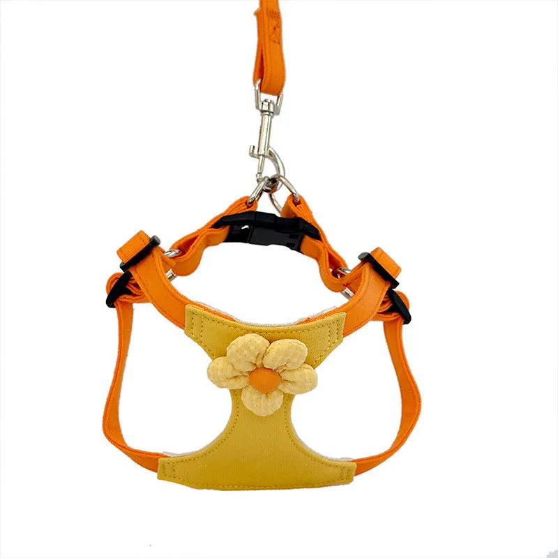 Dog hand holding rope vest small dog chest harness set in beige dots flowers with traction rope