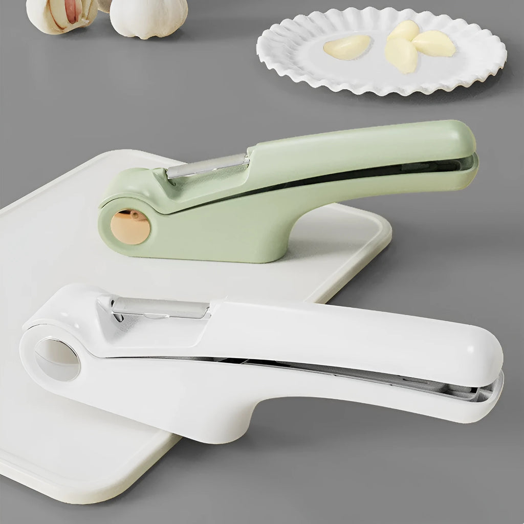Manual garlic press kitchen gadget with ABS handle and stainless steel in white green orange colours